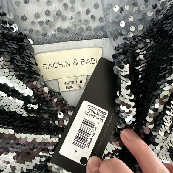 NWT‎ $995 SACHIN & BABI [ 8 ] A Line Sequin Erica Ball Gown Silver Ash Blue - Picture 5 of 13